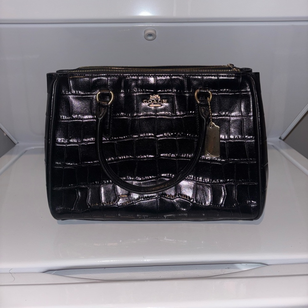 Coach Black Crocodile Pattern Bag with Gold Accents